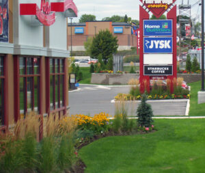 Flowers and lawn beside a restaurant